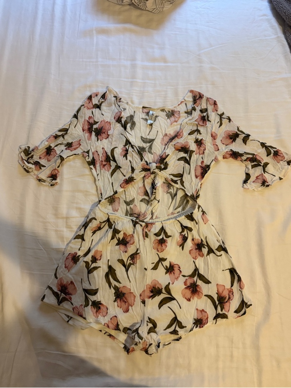 Mahina Cream Romper with Pink Floral Print and Green Leaves
